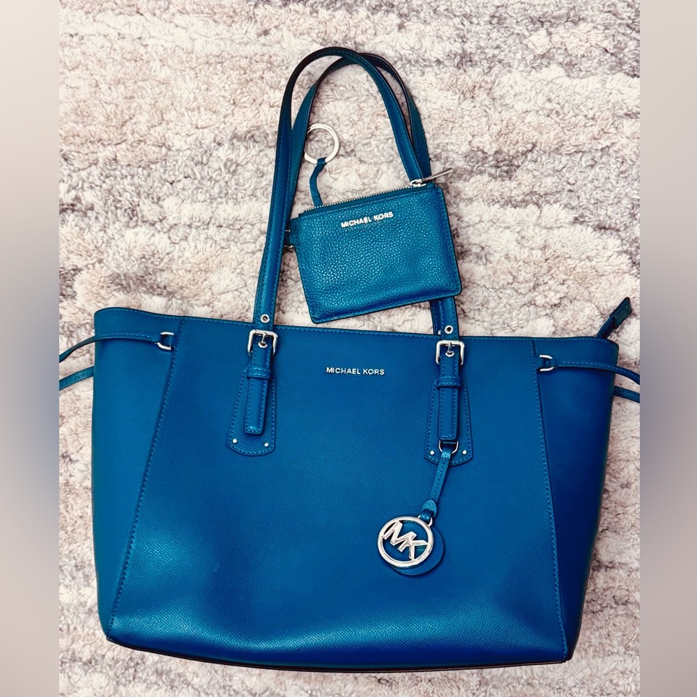 Michael Kors Deep Teal Laptop Tote Purse with Matching Card Wallet Set